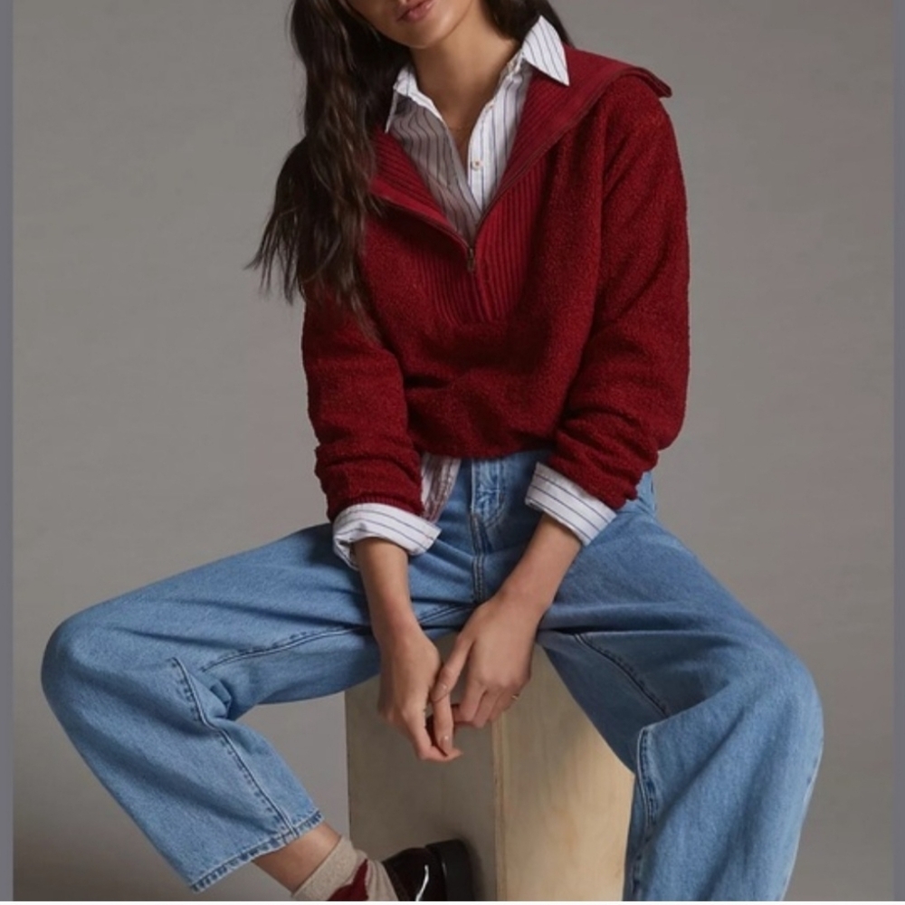 Anthropologie Dolan Sherpa Quarter-Zip Pullover in Cranberry Red Size M